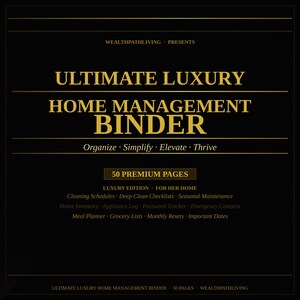 Ultra Luxury Home Management Binder | 50-Page Black Gold Printable | Cleaning Schedule Meal Planner Home Organizer