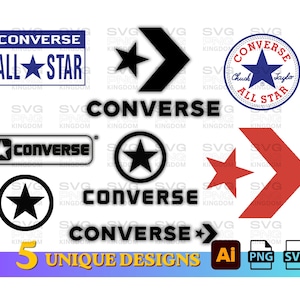 Pode incluir: Uma coleção de logotipos da Converse em vários designs. Inclui o clássico logotipo All Star num retângulo azul, uma estrela dentro de um círculo e a marca nominativa Converse. A imagem também apresenta o texto "5 UNIQUE DESIGNS".