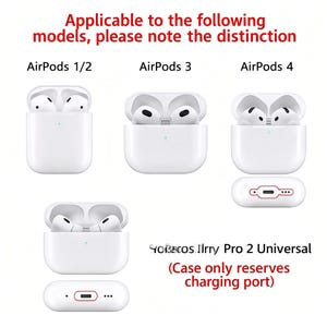 May include: An image shows white AirPods cases and earbuds, highlighting the different models: AirPods 1/2, 3, and 4. Text is included, indicating compatibility and the charging port. The text reads "YORECOS Jirny Pro 2 Universal (Case only reserves charging port)".