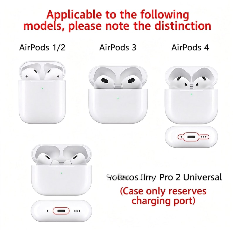 May include: An image shows white AirPods cases and earbuds, highlighting the different models: AirPods 1/2, 3, and 4. Text is included, indicating compatibility and the charging port. The text reads "YORECOS Jirny Pro 2 Universal (Case only reserves charging port)".