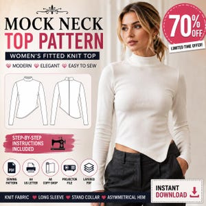 Mock Neck Top Sewing Pattern PDF | Women's Fitted Knit Shirt Pattern | Long Sleeve Asymmetrical Hem Top | A4 A0 US Letter Projector