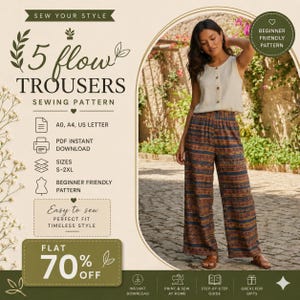 Op de afbeelding: Een vrouw draagt een crèmekleurige top en een broek met patroon. De afbeelding promoot een naaipatroon voor "5 flow trousers", met een label "beginner friendly". Het patroon is verkrijgbaar in de maten S-2XL en als direct download.