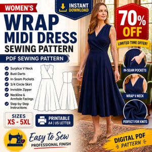 Könnte beinhalten: Ein ärmelloses Wickel-Midikleid in Marineblau mit V-Ausschnitt, Brustabnähern, Seitentaschen und einem 3/4-Kreisrock. Das digitale Schnittmuster umfasst die Größen XS bis 5XL und enthält Anleitungen für einen nahtverdeckten Reißverschluss.