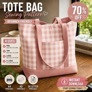 Mönster för sömnad av Gusset-tygväska: Quiltad, för shopping, direktnedladdning