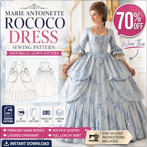 Marie Antoinette Rococo Dress Sewing Pattern PDF | Historical Gown Pattern | 18th Century Costume | A4 A0 US Letter Projector