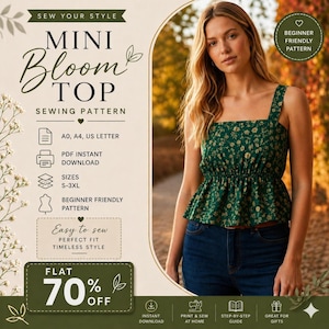 Könnte beinhalten: Eine Frau trägt ein grünes Oberteil mit floralem Muster, quadratischem Ausschnitt und breiten Trägern. Das Oberteil hat eine geraffte Taille und einen Schößchensaum. Der Text lautet "MINI Bloom TOP Sewing Pattern" und "Beginner Friendly Pattern".
