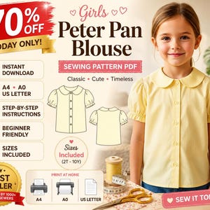 Girls Peter Pan Collar Blouse PDF Sewing Pattern | Button Down Placket Bishop Sleeve Top | Trapeze Shirt Sizes 2y-16y | Instant Download