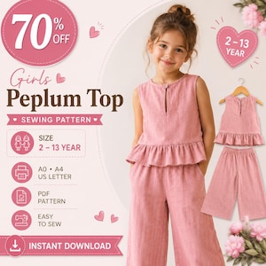 Könnte beinhalten: Ein Schnittmuster für ein rosa Peplum-Top und Hose für Mädchen im Alter von 2-13 Jahren. Das Bild zeigt ein junges Mädchen, das das Outfit trägt, sowie eine kleinere Version auf einem Kleiderbügel. Das Muster ist ein Sofort-Download und einfach zu nähen.