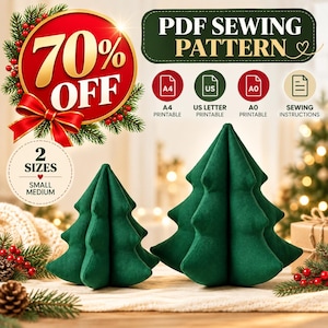 Könnte beinhalten: Ein PDF-Schnittmuster für zwei Größen von grünen Stoff-Weihnachtsbäumen, klein und mittel. Das Bild enthält den Text 70% OFF, PDF SEWING PATTERN, A4, US LETTER, A0 und SEWING INSTRUCTIONS mit Symbolen für jedes Format.