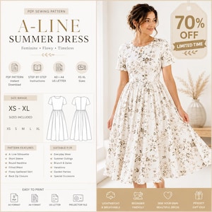 Könnte beinhalten: Ein PDF-Schnittmuster für ein A-Linien-Sommerkleid mit Rundhalsausschnitt, kurzen Ärmeln, taillierter Passform und einem fließend gerafften Rock. Das Schnittmuster enthält die Größen XS bis XL, eine Schritt-für-Schritt-Anleitung und Formate für A0, A4 und Projektor.