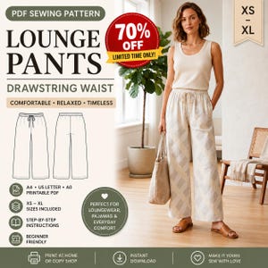 Può includere: Un cartamodello PDF per pantaloni da casa con coulisse in vita, completo di disegno tecnico, indicazioni per taglie dalla XS alla XL e una fotografia di una persona che indossa pantaloni ampi con motivo geometrico grigio chiaro e bianco.