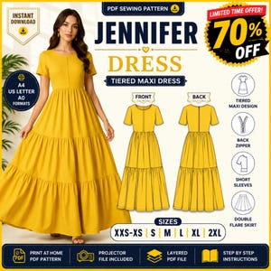 Könnte beinhalten: Ein PDF-Schnittmuster für das Jennifer Stufen-Maxikleid, bestehend aus einem senfgelben kurzärmeligen Kleid mit Rundhalsausschnitt und einem doppelt ausgestellten Rock. Die Grafik enthält technische Skizzen von vorne und hinten, Größen von XXS bis 2XL sowie Symbole für einen Reißverschluss am Rücken, eine Ebenen-PDF-Datei und eine Projektordatei.