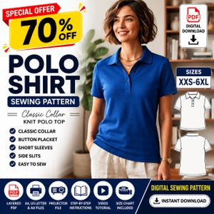 Könnte beinhalten: Ein digitales Schnittmuster für ein klassisches Strick-Poloshirt mit Kragen, Knopfleiste, kurzen Ärmeln und Seitenschlitzen. Das Schnittmuster umfasst die Größen XXS-6XL, inklusive A4-, US-Letter-, A0- und Projektordateien sowie Anleitung und Video.