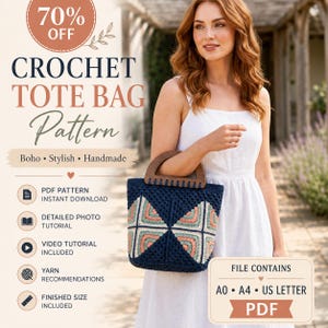 Könnte beinhalten: Eine marineblaue Häkeltasche mit Holzgriff und geometrischem Muster in Pfirsich, Grün und Weiß. Das Bild enthält auch den Text "CROCHET TOTE BAG Pattern" und "70% OFF".