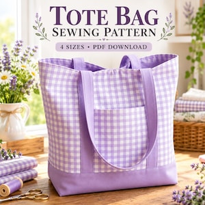 Tote Bag Sewing Pattern PDF, Lined Tote Bag with Front Pocket, 4 Sizes, Beginner Friendly DIY Fabric Bag Pattern, A4 A0 US Letter