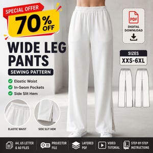 Wide Leg Sweatpants PDF Sewing Pattern | Ankle Zip Joggers Digital Download | In-Seam Pockets Elastic Waist | Women's Knit Trousers Pattern