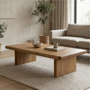 Japandi Style Low Coffee Table, Thick Solid Wood Center Piece, Modern Chunky Sofa Bench