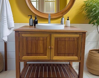 Solid Wood Bathroom Vanity Cabinet – Handmade Rustic Freestanding Bathroom Storage with Shelf