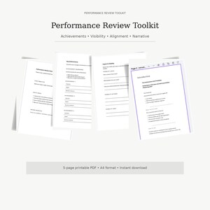 Puede incluir: Un documento blanco titulado "Performance Review Toolkit" con los subtítulos "Achievements, Visibility, Alignment, Narrative". Varias páginas son visibles, con texto que incluye "Introduction" y "5-page printable PDF A4 format Instant download."