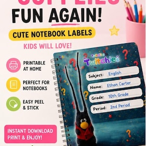 May include: Notebook labels with the text "Make School Supplies Fun Again!" and "Cute Notebook Labels Kids Will Love!" A notebook is open to a page with a name, grade, and subject. The labels are printable and easy to peel and stick.