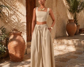 Sleeveless Two Piece Set, Wide Leg Pants & Crop Top Outfit, Women’s Matching Lounge