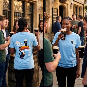 May include: Light blue t-shirts with a Guinness logo and a toucan graphic. People are gathered outside, holding glasses of dark beer. The t-shirts have the text "It's a Guinness Blue Sky".