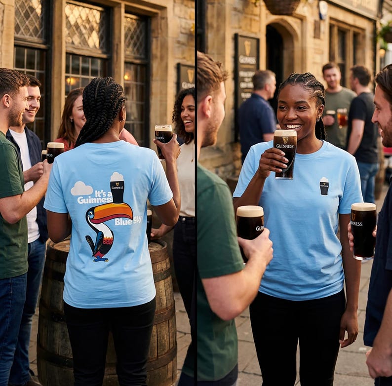 May include: Light blue t-shirts with a Guinness logo and a toucan graphic. People are gathered outside, holding glasses of dark beer. The t-shirts have the text "It's a Guinness Blue Sky".