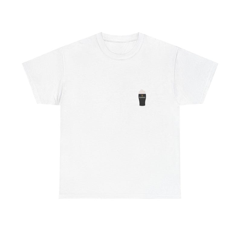 May include: White t-shirt featuring a small graphic of a pint of stout. The pint glass is black with a white foamy head. The shirt is made of a soft, comfortable material.