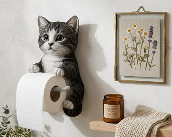 Soporte para papel higiénico con forma de gato, estatua de resina de gatito para colgar en la pared, ideal para la decoración del baño, regalo único para amantes de los gatos, decoración divertida para inauguración de casa.