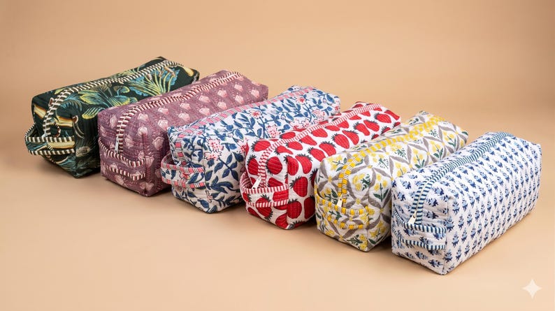 K&ouml;nnte beinhalten: Sechs rechteckige, gesteppte Stofftaschen in einer Reihe. Jede Tasche hat ein anderes Muster, darunter dunkelgr&uuml;nes Blattwerk, violette Blumen, blaue Blumen, rote Erdbeeren, gelbe Blumen und blaue geometrische Drucke mit Rei&szlig;verschl&uuml;ssen.