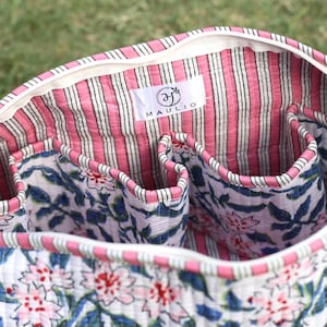 K&ouml;nnte beinhalten: Eine gesteppte Stofftasche mit Rei&szlig;verschluss, die au&szlig;en wei&szlig; mit einem blau-rosa Blumenmuster bedruckt ist. Das Innere ist mit einem rosa-wei&szlig; gestreiften Stoff gef&uuml;ttert und verf&uuml;gt &uuml;ber mehrere offene Taschen. Ein wei&szlig;es Etikett tr&auml;gt die Aufschrift MAULIO.