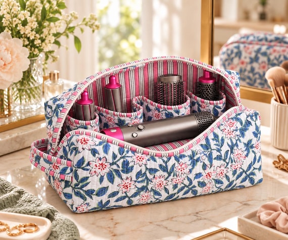 Dyson Airwrap Travel Case | Quilted Floral Hair Tool Organizer | Hand Block Print Cotton Vanity Bag | Padded Storage Pouch by MAULIO