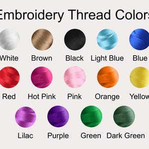 K&ouml;nnte beinhalten: Eine Farbkarte mit dem Titel Embroidery Thread Colors mit vierzehn kreisf&ouml;rmigen Garnmustern in Wei&szlig;, Braun, Schwarz, Hellblau, Blau, Rot, Pink, Rosa, Orange, Gelb, Flieder, Lila, Gr&uuml;n und Dunkelgr&uuml;n mit entsprechenden Beschriftungen.