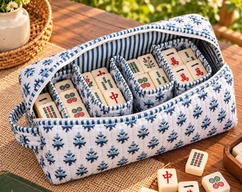 Personalisierte Mahjong-Steine-Tasche, gesteppte Aufbewahrungstasche mit Blumenmuster für Mahjong-Sets, Organizer mit Trennfächern, blaues Baumwollgeschenk für Mahjong-Liebhaber