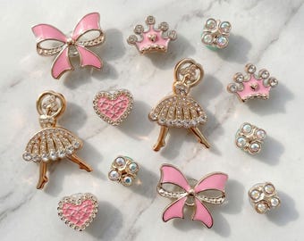 Pink Ballet Bow Shoe Charms Set, 12PCS Princess Crown Heart Clog Accessories