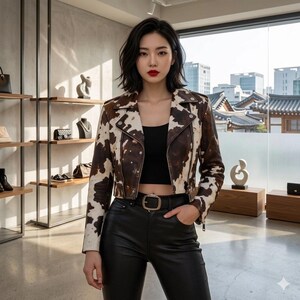 Könnte beinhalten: Kurze Jacke aus braun-weißem Kuhfell im Biker-Stil. Die Jacke hat einen Reverskragen, einen asymmetrischen Reißverschluss und einen Gürtel. Die Person trägt eine schwarze Hose und ein schwarzes Oberteil. Modische Jacke.