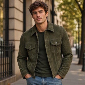 Könnte beinhalten: Olivgrüne Wildlederjacke mit zwei Brusttaschen und Knopfverschlüssen. Die Jacke wird mit einem dunkelgrünen T-Shirt und blauen Jeans kombiniert. Die Jacke hat einen klassischen, lässigen Stil.