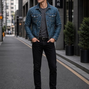 Könnte beinhalten: Eine Person trägt eine Jeansjacke, ein graues T-Shirt, eine schwarze Jeans und schwarze Stiefel. Die Jacke ist mittelblau mit Knöpfen. Die Jeans ist dunkel und die Stiefel sind aus Leder. Die Person steht auf einer Straße.