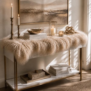 Genuine Mongolian Lamb Fur Bench Cover Curly Sheepskin Table Runner Scandinavian Rustic Entryway Decor