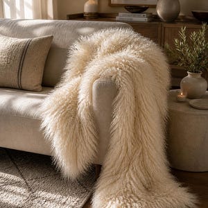 Genuine Tibetan Lambskin Throw Blanket, Long Curly Mongolian Sheepskin Rug, White Bed Decor