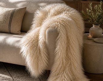 Genuine Tibetan Lambskin Throw Blanket, Long Curly Mongolian Sheepskin Sofa Bed Couch Luxury Decor