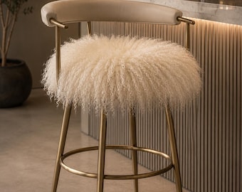 Genuine Mongolian Lamb Fur Bar Stool Cushion, Tibetan Sheepskin Seat Cover for Luxury Decor