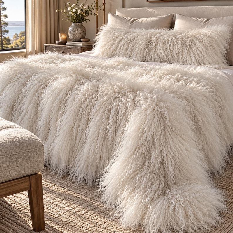 May include: A long, cream-colored throw blanket with a thick, shaggy, curly texture draped over a bed. A matching long, rectangular bolster pillow with the same shaggy, curly cream-colored texture is positioned at the head of the bed.