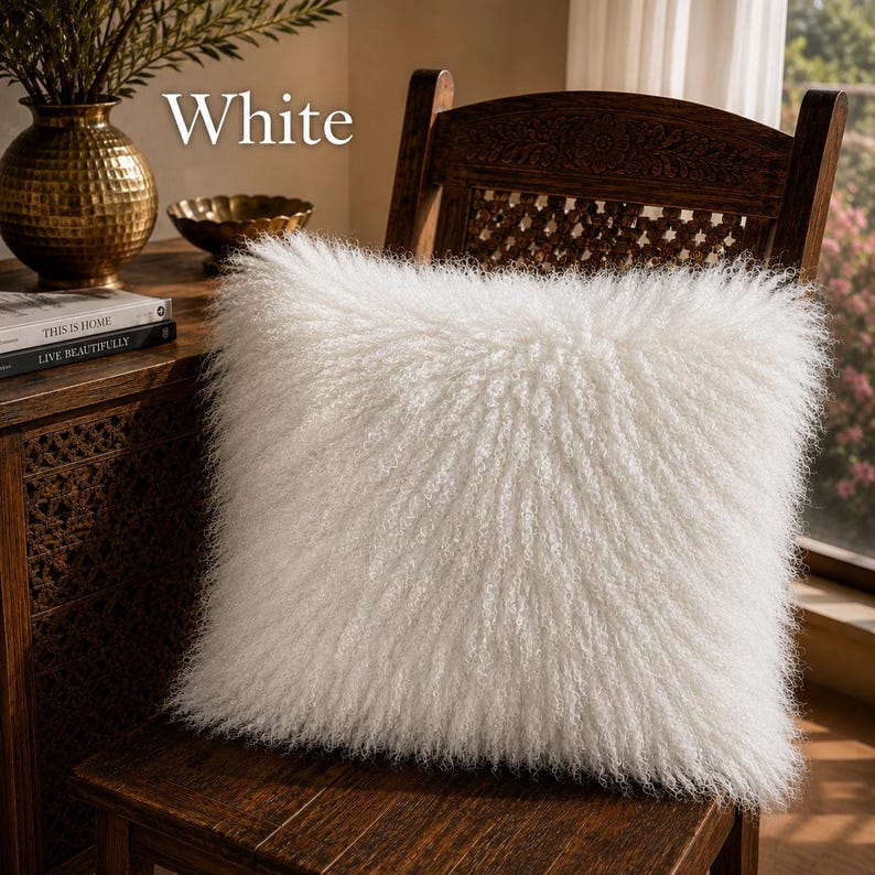 Real Genuine Mongolian Lamb Fur Pillows, Scandinavian Tibet Soft Fluffy Pillow Cushion Pillow image 4