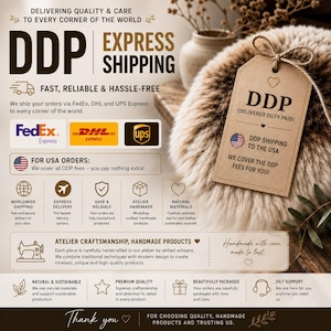 May include: An informational graphic detailing DDP express shipping services, featuring a brown paper tag tied with twine resting on a fluffy, light-colored fur texture. The text includes details about FedEx, DHL, and UPS delivery options.