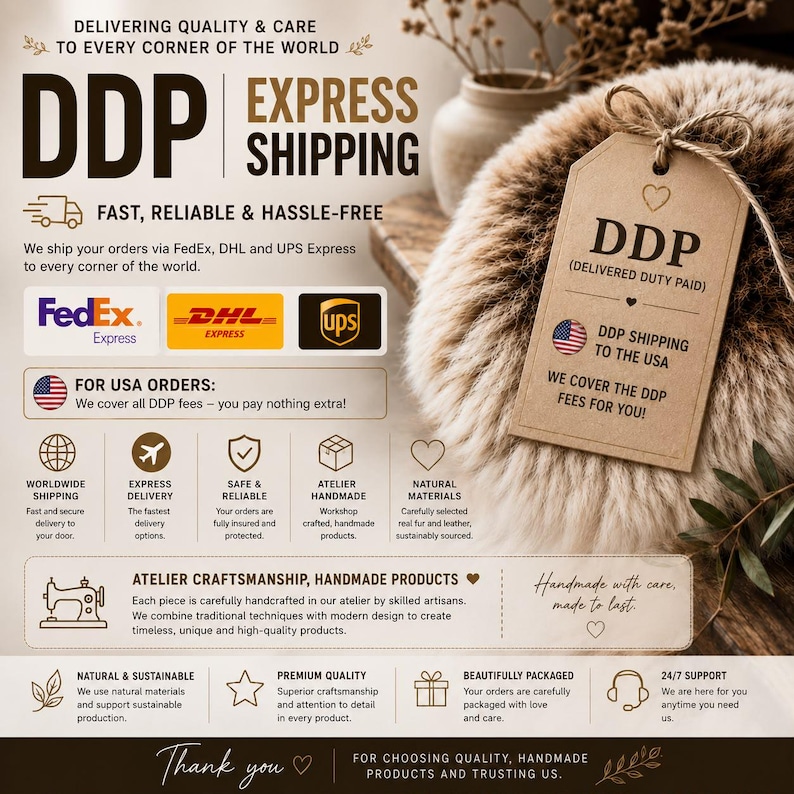 May include: An informational graphic detailing DDP express shipping services, featuring a brown paper tag tied with twine resting on a fluffy, light-colored fur texture. The text includes details about FedEx, DHL, and UPS delivery options.