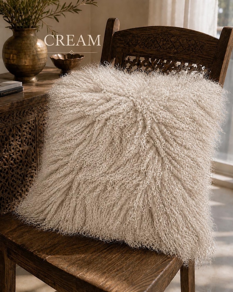 Real Genuine Mongolian Lamb Fur Pillows, Scandinavian Tibet Soft Fluffy Pillow Cushion Pillow image 15