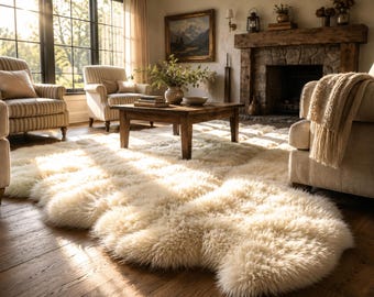 May include: A large, off-white sheepskin rug with a thick, shaggy texture covering a dark wooden floor. The rug features an irregular, organic shape with long, soft fibres that create a dense, plush appearance across the room's floor.