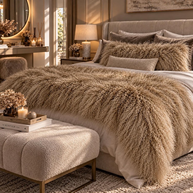 May include: A beige bed featuring a long, shaggy, textured throw blanket draped over the foot, accompanied by a matching long rectangular pillow and a smaller rectangular pillow, all in a neutral, light brown, curly-fiber material.