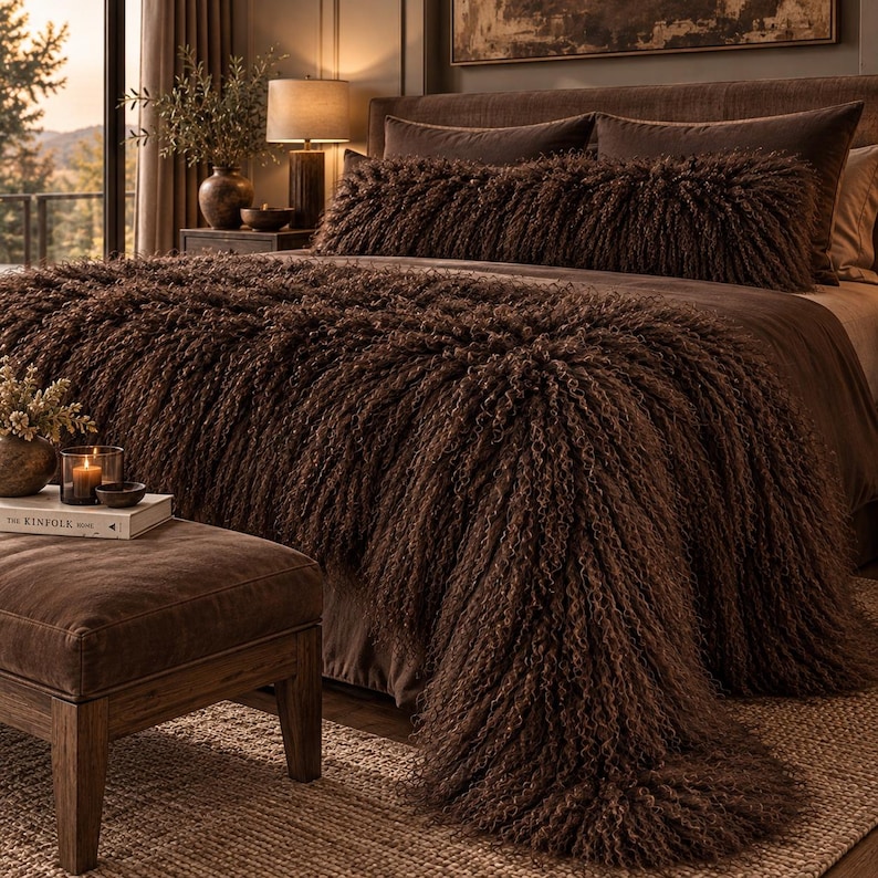 May include: A dark brown, long-pile, shaggy textured throw blanket draped over a bed, accompanied by a matching long, cylindrical bolster pillow. The bedding set features a deep, monochromatic brown color palette with a dense, curly fiber finish.